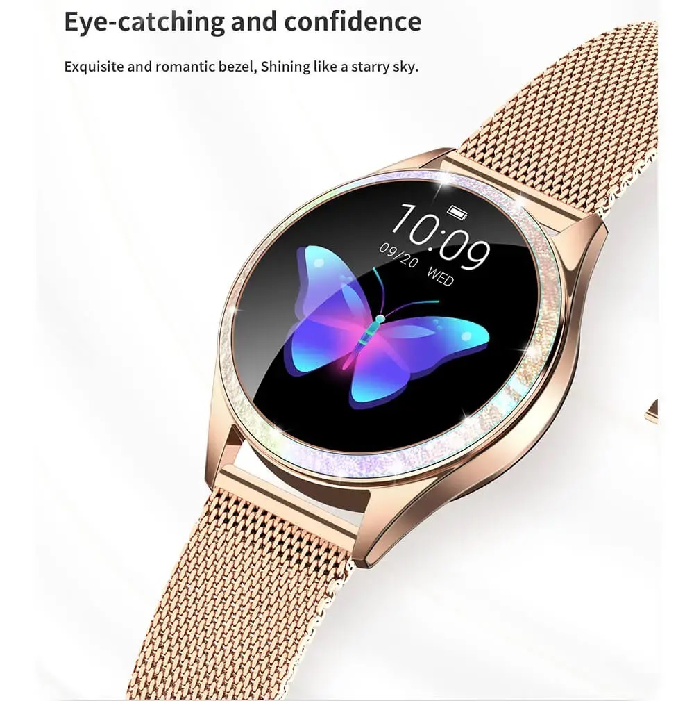 Kingwear KW20 ladies smart watch Stainless steel body, Shinning colorful bezel circle design Multiple dynamic watches matches different dress style Heart rate test, blood pressure test and sleep monitor for health Also with menstrual period reminder especially Kingwear KW20, for every her