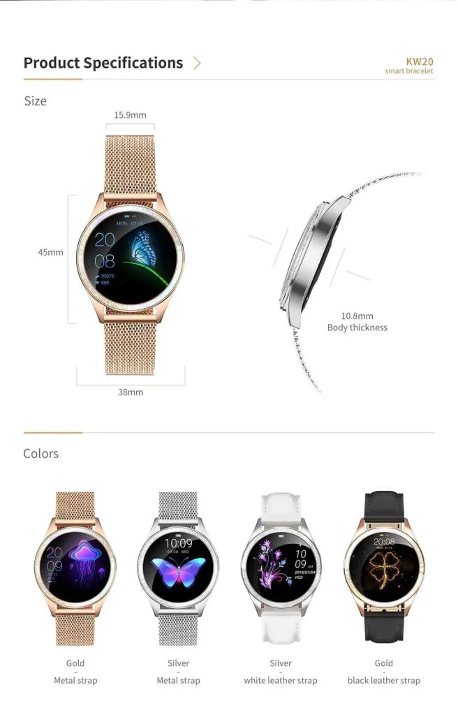 Kingwear KW20 ladies smart watch Stainless steel body, Shinning colorful bezel circle design Multiple dynamic watches matches different dress style Heart rate test, blood pressure test and sleep monitor for health Also with menstrual period reminder especially Kingwear KW20, for every her