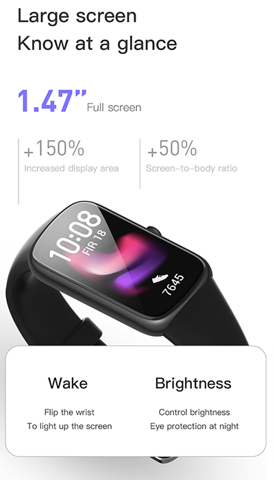 Large screen know at a glance. 1.47 inch full screen. 150% increased display area, +50% screen to body ratio. Wake flip the wrist to light up the screen. Brightness control brightness, eye protection at night.