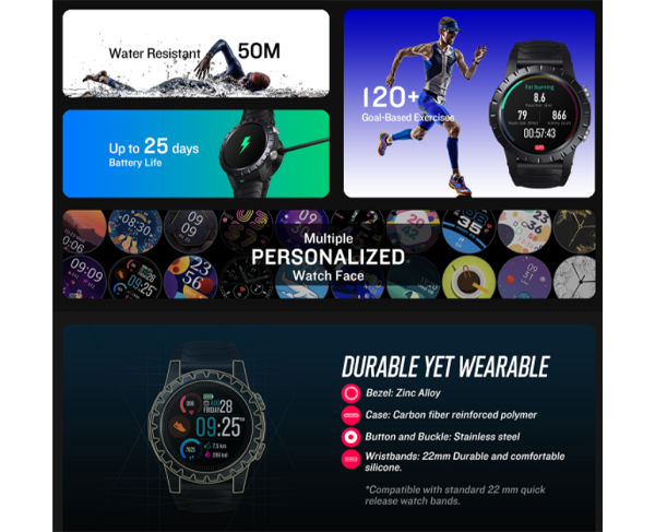 50M waterproof resistant, 120+ goal based exercises. Multiple personalized watchface. compatible with standard 22mm quick release watch bands.