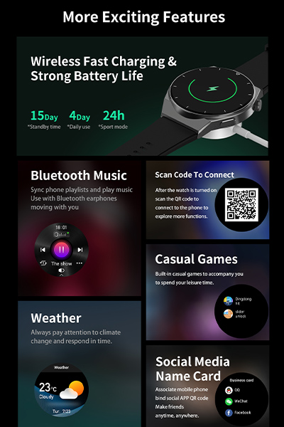 More exciting feature. wireless fast charging & strong battery life. 15 days, standby time, 4 days daily time, 24th sport mode. bluetooth music, scan code to connect, weather, casual games, social media name card.