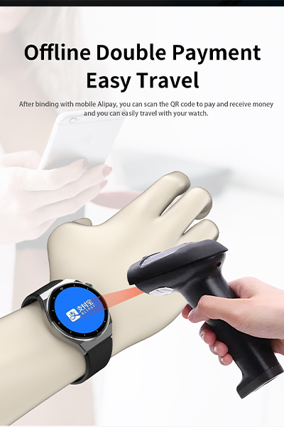 Offlike double payment easy travel. after binding with mobile alipay, you can scan the QR code to pay and receive money and you can easily travel with your smartwatch.