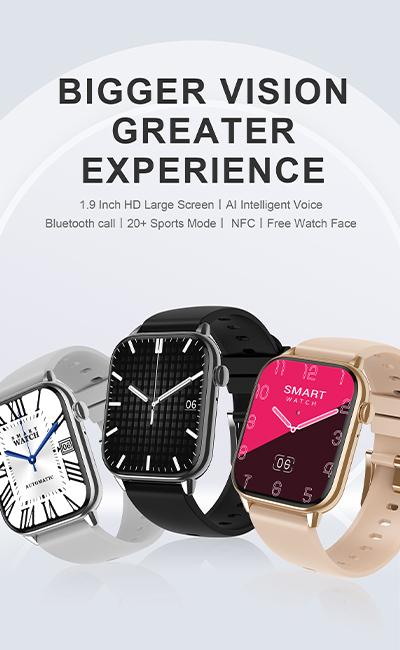 Bigger vision greater experience. 1.9 inch HD large screen, AI intelligent voice, bluetooth call, 20+sports mode, NFC free watch face.