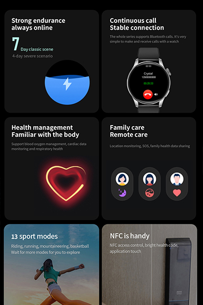 Strong endurance always online, continuous call stable connection, hearth management familiar with the body, family care remote care, 13 sport modes, NFC is handy