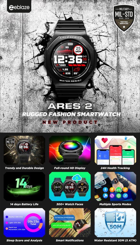 Zeblaze Ares 2 Rugged Fashion Smartwatch 50M (5 ATM) Waterproof 1.09″ HD Color Screen