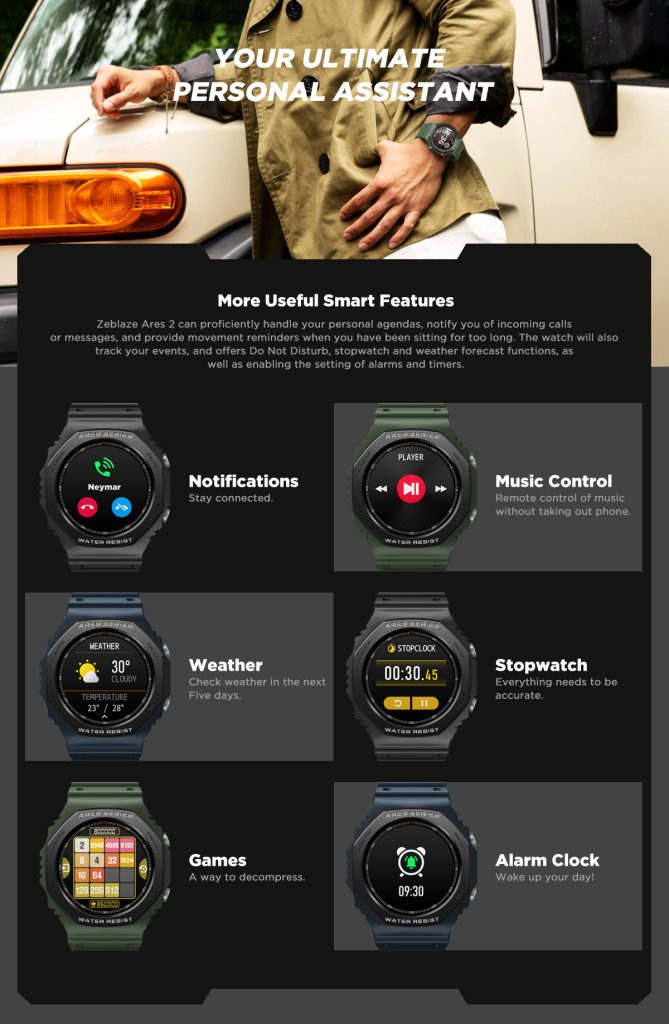 Zeblaze Ares 2 Rugged Fashion Smartwatch 50M (5 ATM) Waterproof 1.09″ HD Color Screen