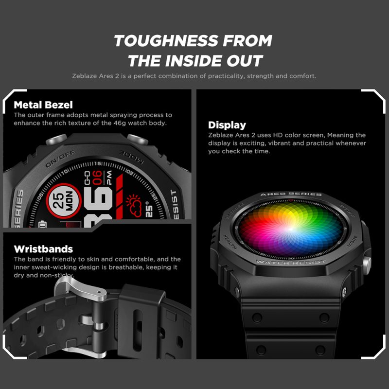 Zeblaze Ares 2 Rugged Fashion Smartwatch 50M 5 ATM Waterproof 1.09 HD Color Screen (1) black