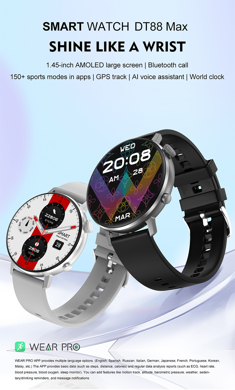 DTNO.1 DT88 MAX Amoled 1.45 inch touch screen, fashion smartwatch for female, watch for men