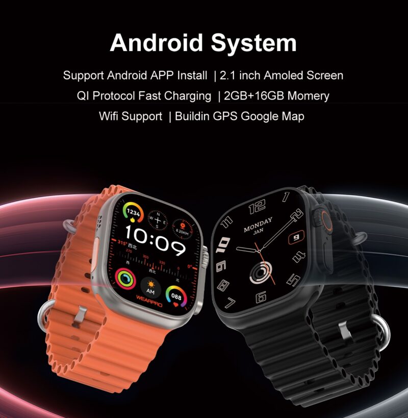 DTNO.1 DT Ultra 2 andrid smartwatch, 2.1 inch amoled, 2GB + 16GB momery, wireless fast charging, bluetooth call